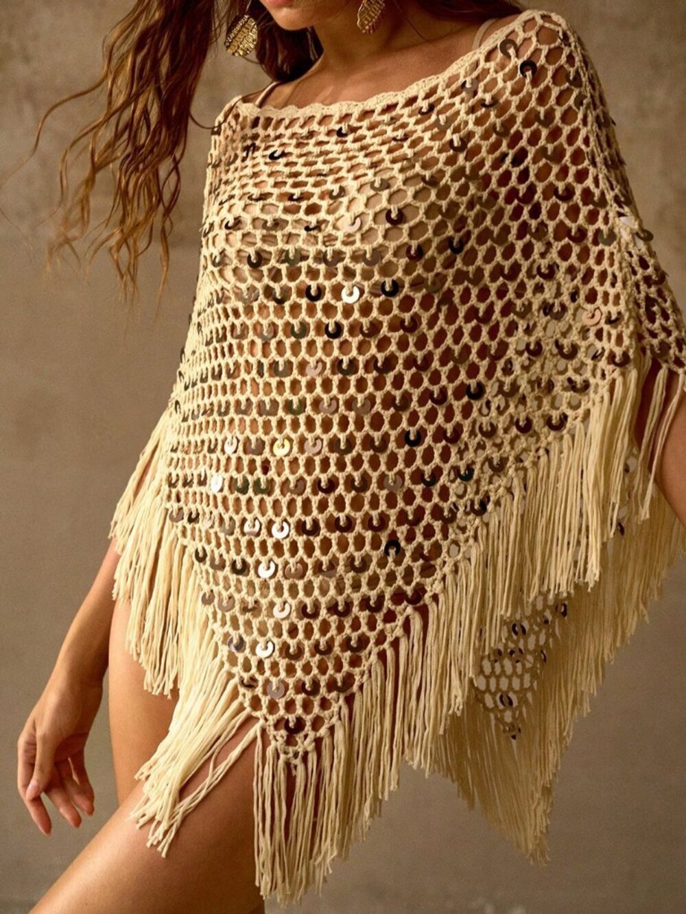 Apricot Women's Knitted Tassel Sequin Asymmetric Hem Vacation Cover-Up